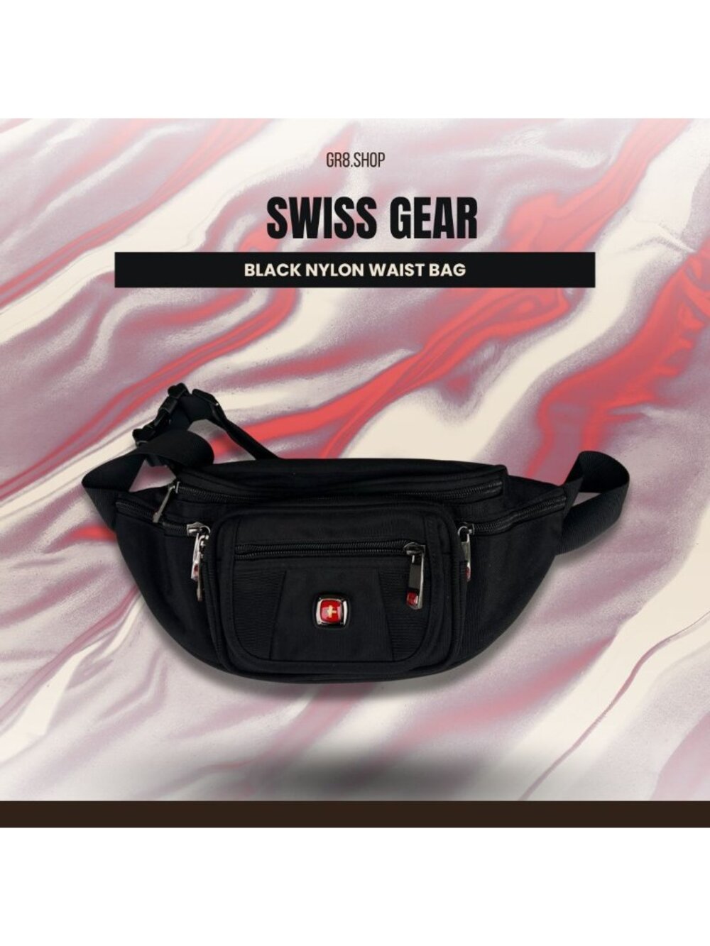 Swiss Gear Black Nylon Adjustable Waist Bag With Multiple Zipper Pockets